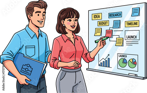 Team planning startup project, discussing timeline, idea, budget, and launch strategy with graphs on whiteboard in modern office, vector illustration