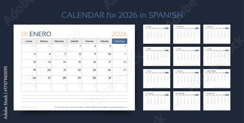 calendar, 2026, Spanish, calender, planner, vector, year, 26, design, month, template, week, wall, calendario, Spain, Lunes, espanol, June, March, February, December, January, page, diary, table, date