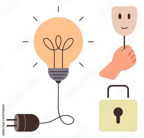 Light bulb with plug symbolizing ideas, a hand holding a happy face mask portraying deception, and a padlock suggesting security. Ideal for creativity, innovation, honesty, protection