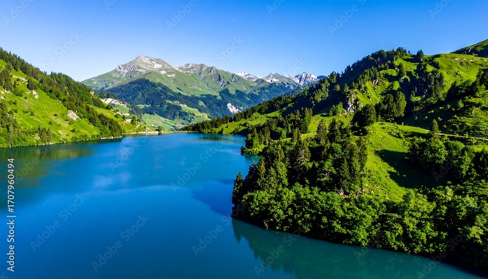 Fototapeta premium Scenic Mountain View with Clear Blue Lake, Surrounded by Lush Greenery