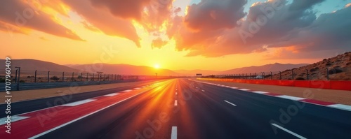 Panoramic view of deserted international race circuit at sunrise Start/finish clearly marked , overview, outdoor