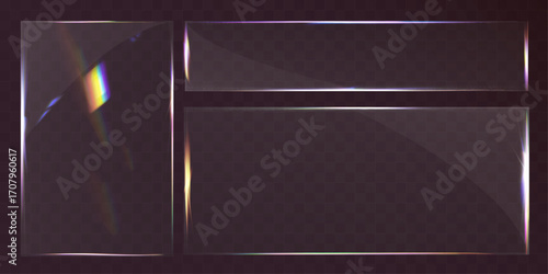 Transparent glass panels set with light glare rainbow reflection vector template for banner ui design.
