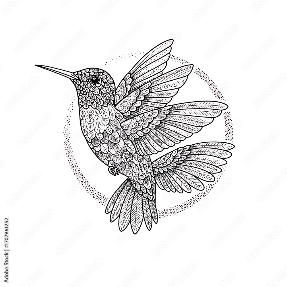 Obraz premium Detailed Hummingbird Illustration Flying Within a Dot Circle with Black White Art.