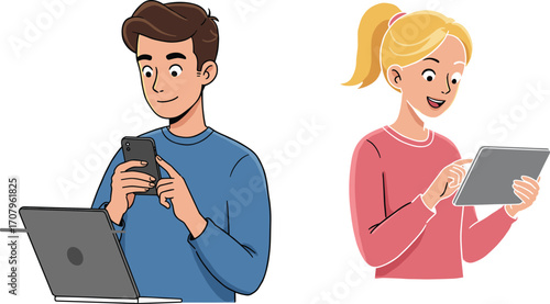 Young man using smartphone with laptop, woman using tablet smiling, modern technology devices, digital communication,