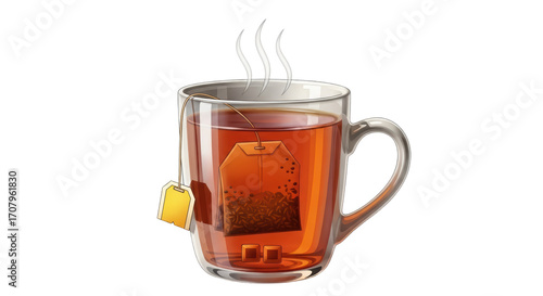 Isolated Cup of Tea Steaming in a Clear Mug with a Tea Bag in It, Beverage Refreshment