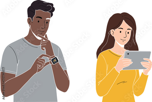 Young man using smartwatch to check data and statistics, woman holding tablet reading digital content, modern technology use,