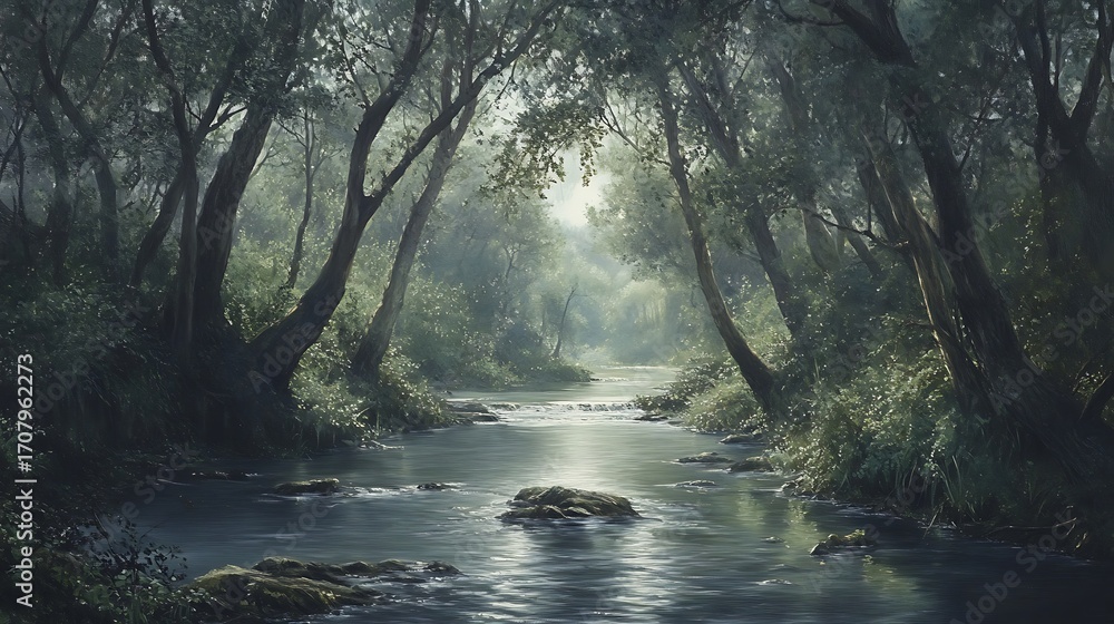 Fototapeta premium Professional Artist Painting a Serene Landscape Outdoors