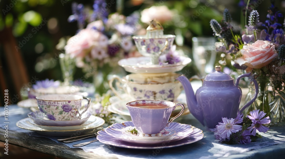 Fototapeta premium Garden tea party with mismatched vintage china (soft lavenders)