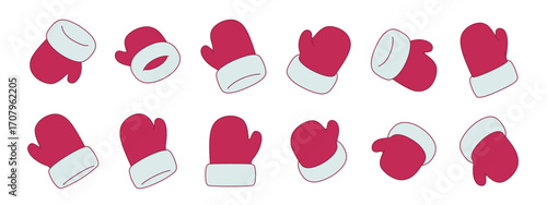 Set of red winter mittens in flat and 3D illustration style isolated on white background. Minimalist vector icon collection for holiday, Christmas and seasonal design
