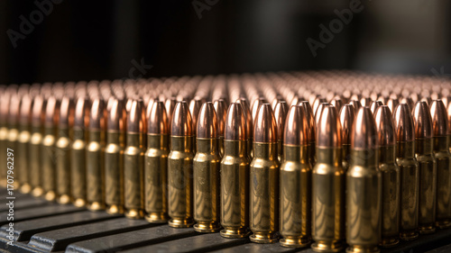A closeup, shallow depth of field shot of a large quantity of ammunition cartridges lined up in rows, with a dark background