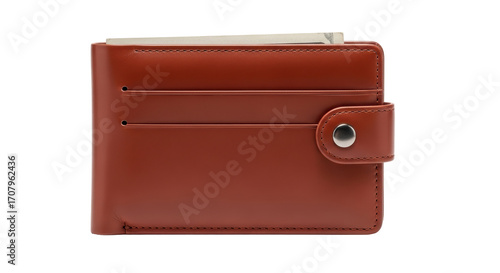 Isolated brown leather wallet with paper money inside for cash payments and currency savings