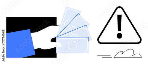 Hand holding cash next to an exclamation sign in a triangle representing risk or caution. Ideal for finance, fraud, investment, decision-making, caution, debt, financial warning. A simple flat