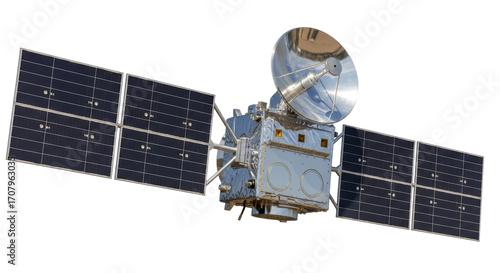 Isolated Spacecraft with Solar Panels and Dish Antenna for Telecommunications Transmissions