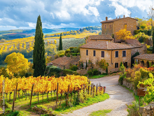 A picturesque winery nestled in rolling hills showcases golden vineyards during autumn. The stone building blends seamlessly with the colorful landscape under a blue sky.