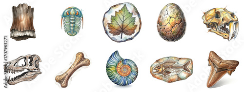 A diverse collection of illustrated prehistoric fossils including a dinosaur skull, ammonite, trilobite, and shark tooth