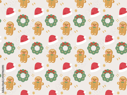 Seamless pattern with ginger cookie and Christmas ornament
