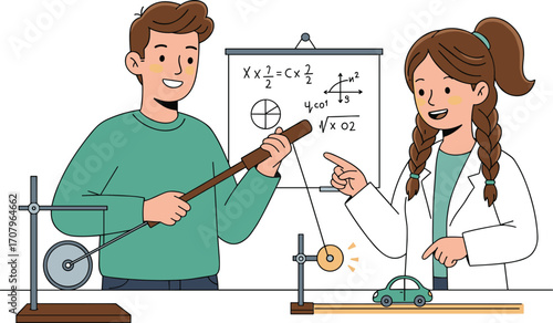 Young male and female students conducting physics experiment with pendulum and toy car, learning science, classroom education, STEM activity, teamwork, mathematics, formulas, curiosity, discovery, lab