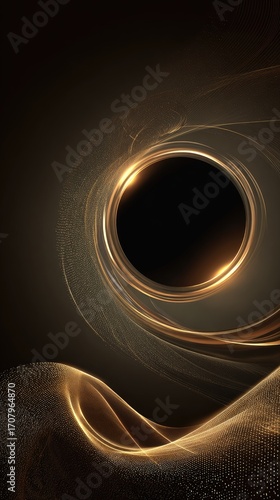 Glowing, swirling golden energy forms a vortex around a dark central circle, set against a dark brown background.  The lower portion features undulating, textured golden lines resembling sand dunes