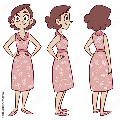 Cartoon woman in pink dress in multiple views front back side and 3/4 view