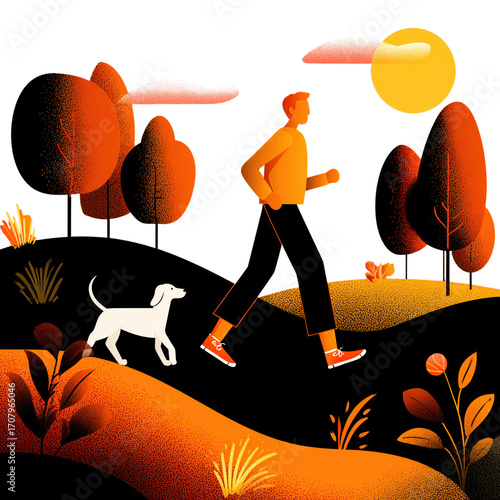 Person Walking Dog in Vibrant Autumn Landscape with Sunlight