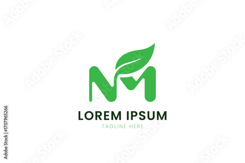 Minimalist green letter m logo with leaf accent symbolizing nature and growth