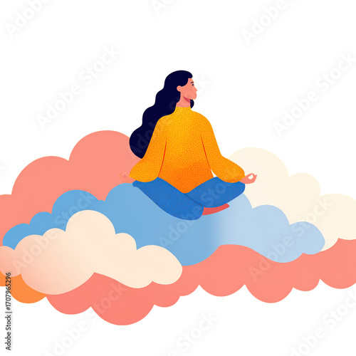 Woman Meditating in Colorful Clouds Representing Peace and Serenity