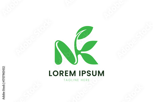 Minimalist green leaf logo design featuring initials n and k symbolizing growth