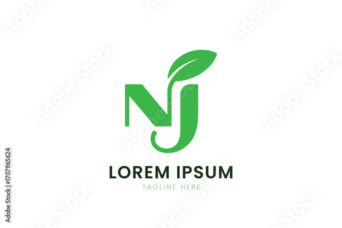 Minimalist green nj logo with leaf detail modern brand identity design