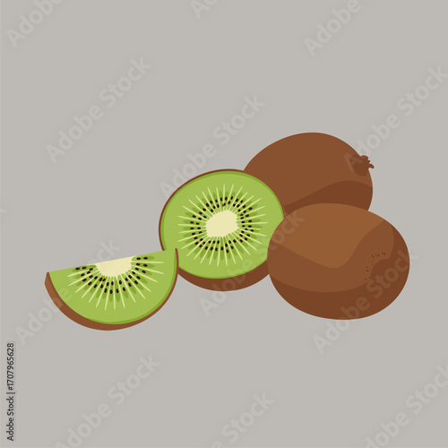 Kiwi Fruit Vector Illustration: Whole, Halved, and Sliced Kiwis. Healthy Tropical Food Graphic Design.