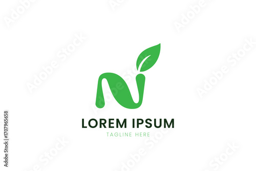 Minimalist green logo design abstract shape with leaf symbol for nature and eco friendly brands