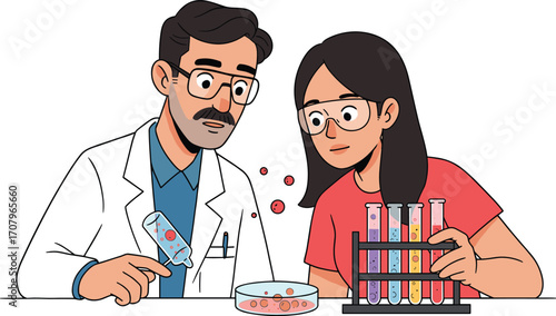 Male and female scientists conducting laboratory experiments with test tubes and petri dish, analyzing chemical reactions, teamwork, scientific research, education, innovation, lab safety, discovery.