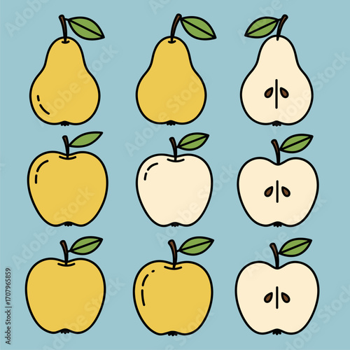 Flat Design Yellow Pears and Apples Set with Cut Fruits on Light Blue Background