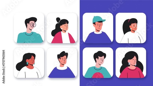 Profile avatars of multiple people in animated digital design showing diversity, community and social media users