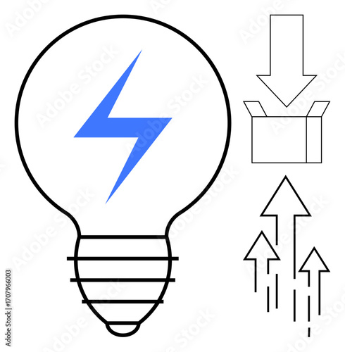 Light bulb with blue bolt inside, downward arrow entering a box, upward arrows rising. Ideal for energy, innovation, progress, creativity, technology transformation productivity. Simple flat