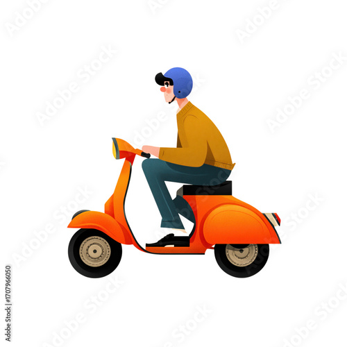Person Riding Orange Scooter in a Bright and Cheerful Setting