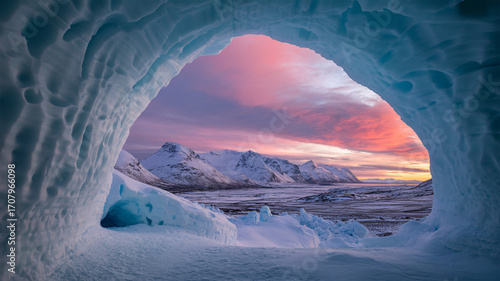 View from inside an ice cave looking out at a snowcovered mountain range during a vibrant pink and orange sunset, arctic landscape
