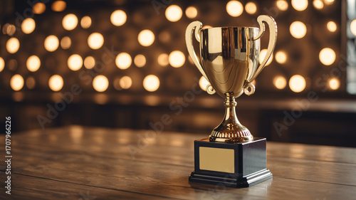 A golden trophy sits on a wooden table, illuminated by soft, bokeh lights in the background, symbolizing achievement and success