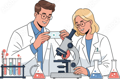 Two scientists in lab coats examining microscope slide, using microscope, conducting research, laboratory experiments, scientific teamwork, 
