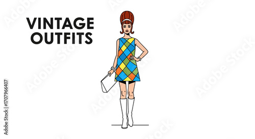 Captivating depiction of vintage fashion, showcasing a vibrant, geometric-patterned dress and matching accessories. Explore retro elegance, reflecting style from the past