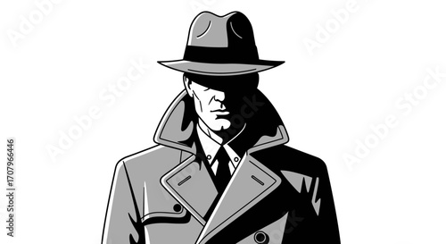 Classic black and white illustration of a mysterious anonymous figure in a fedora and trench coat, with shadow covering the face, representing secrets, investigation, and espionage