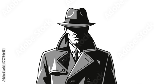 The Shadowy Figure A Detective in a Trench Coat and Fedora, a monochromatic illustration of a mysterious person standing in the darkness, a classic Noir character