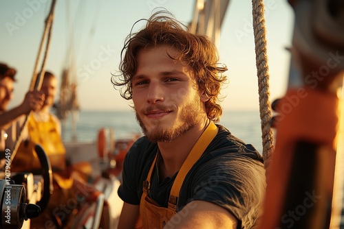 A young, smiling fisherman on a boat at sunset, wearing a yellow oilskin and dark shirt