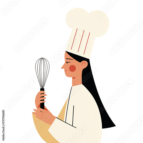 Stylish Female Chef Holding Whisk with Thoughtful Expression in Kitchen