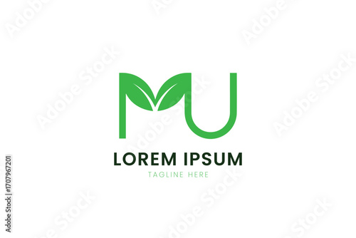 Minimalist green leaf letter mu logo design for eco-friendly businesses and brands