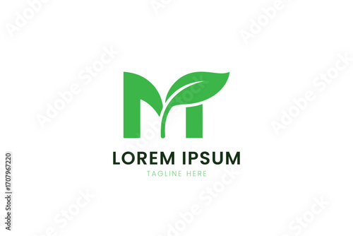 Modern green leaf letter m logo design with placeholder text for branding and identity
