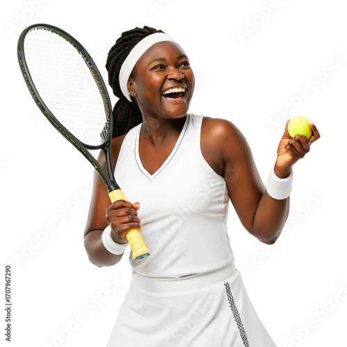 Happy african female player with tennis racket and png tennis png player png african png female png racket png athlete png happy png transparent background