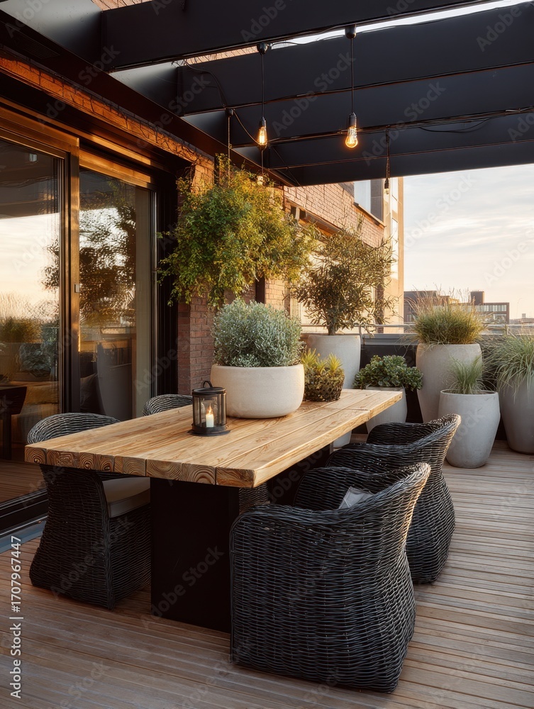 Obraz premium Wooden patio dining set with wicker chairs under a pergola.