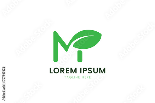 Minimalist green letter m logo with leaf element for nature brands and eco-friendly companies