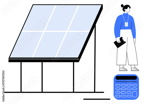 Woman with clipboard near tilted solar panel and calculator suggests clean energy, efficiency analysis, eco-friendly projects, sustainable technology, renewable resources management, energy auditing
