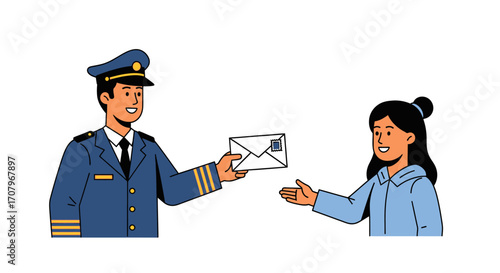 Postal worker delivering a letter to a smiling young woman, symbolizing communication, connection, and the traditional method of exchanging messages, emphasizing the joy of receiving mail